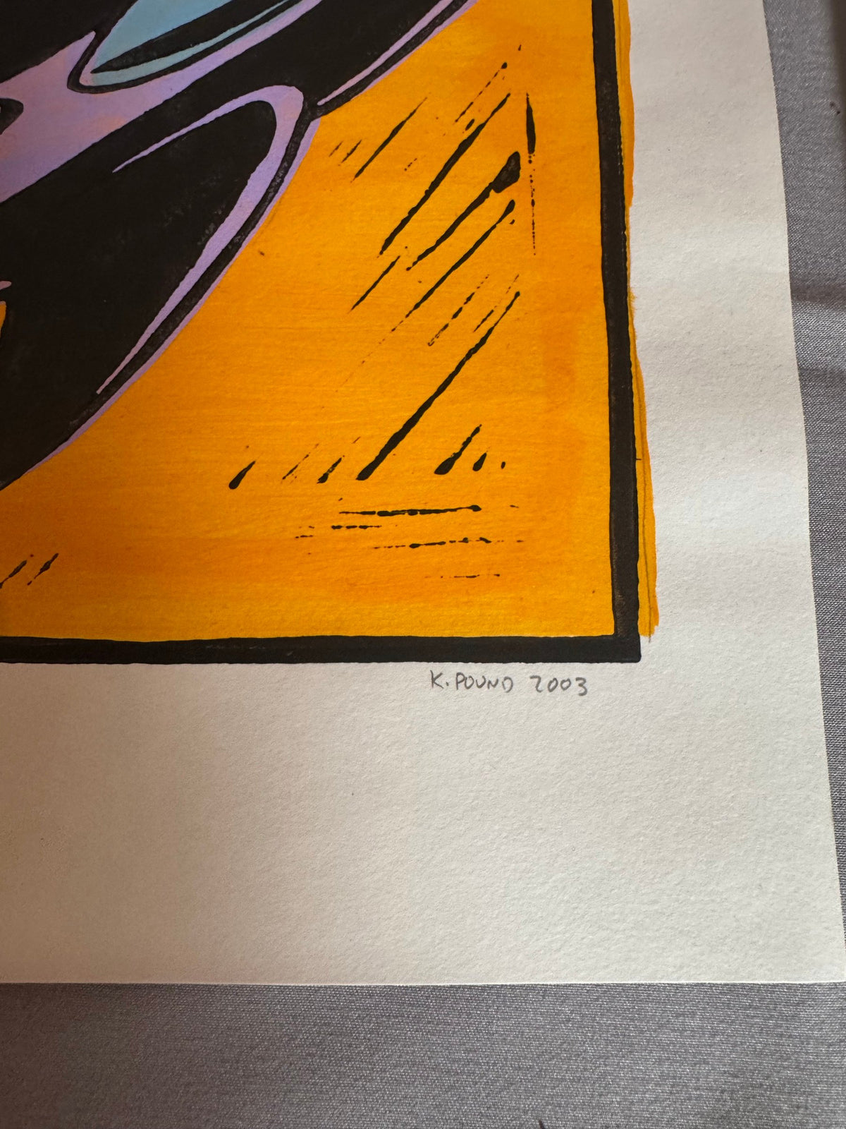 Pencil signature and 2003 date on the rocket linocut
