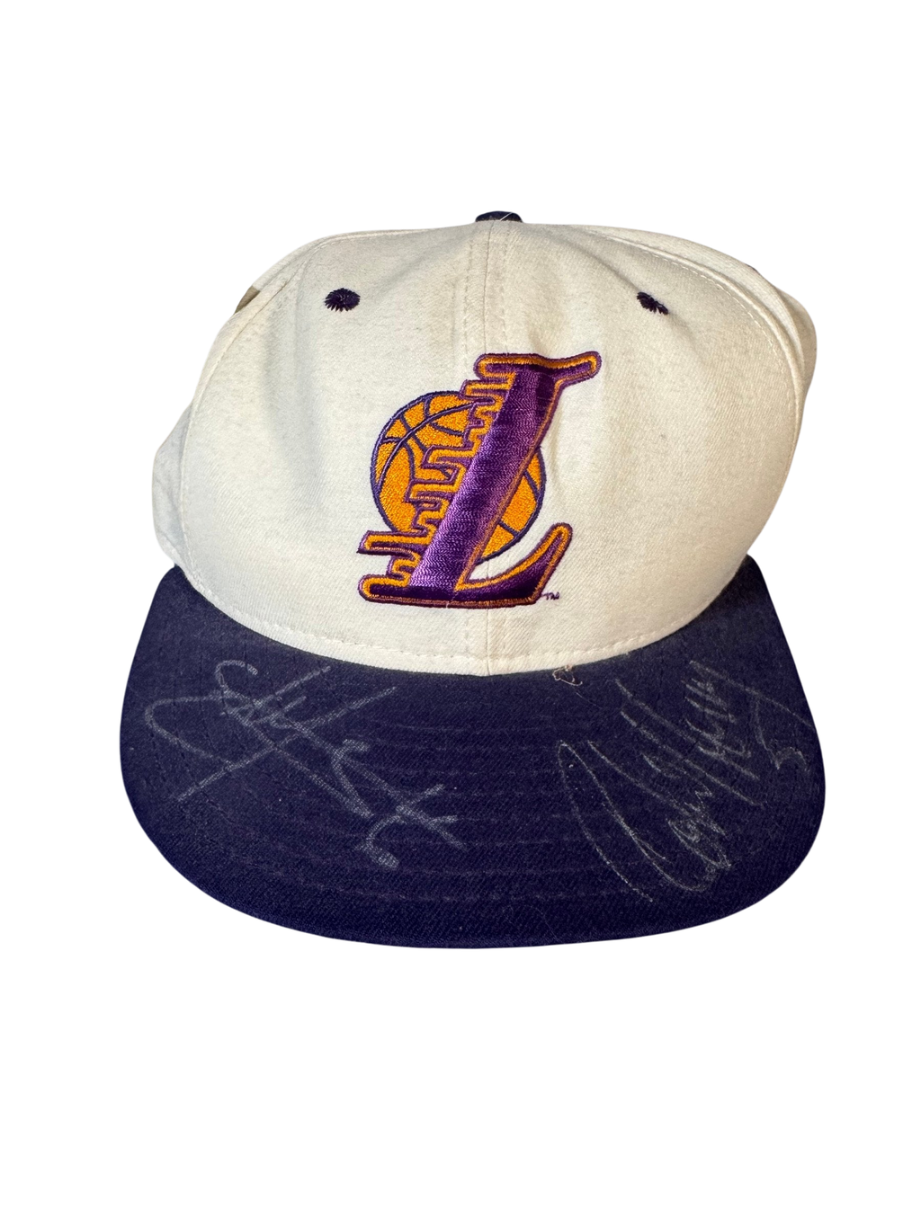 Vintage Lakers Cap Signed Eddie Jones and Rick Fox, In-Person, White Crown L