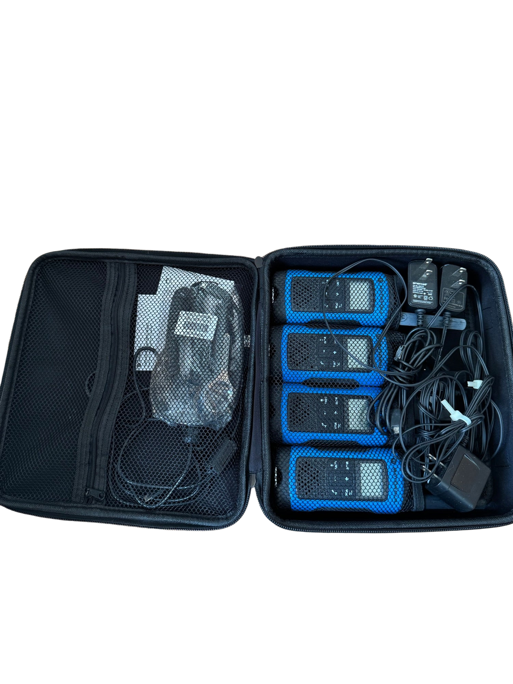 Motorola Talkabout FRS Two-Way Radios Set of 4 Blue Chargers Case Very Good