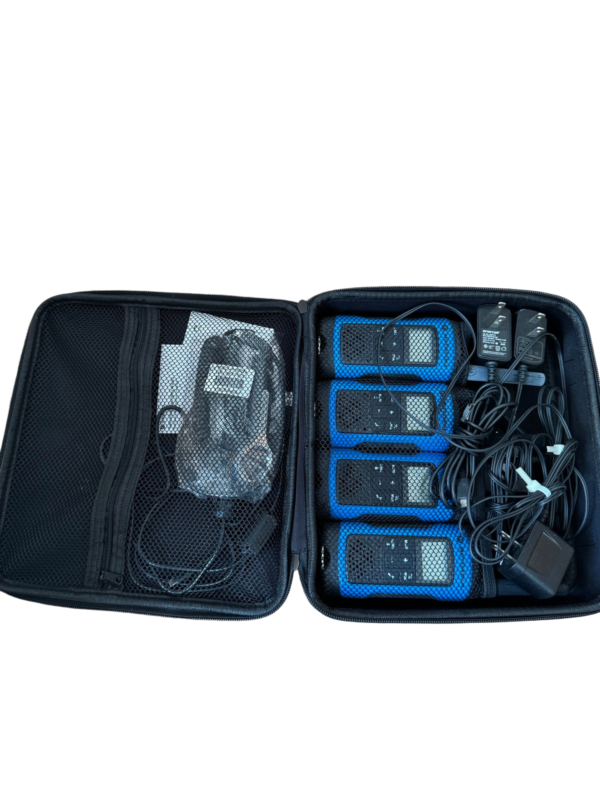Motorola Talkabout FRS Two-Way Radios Set of 4 Blue Chargers Case Very Good