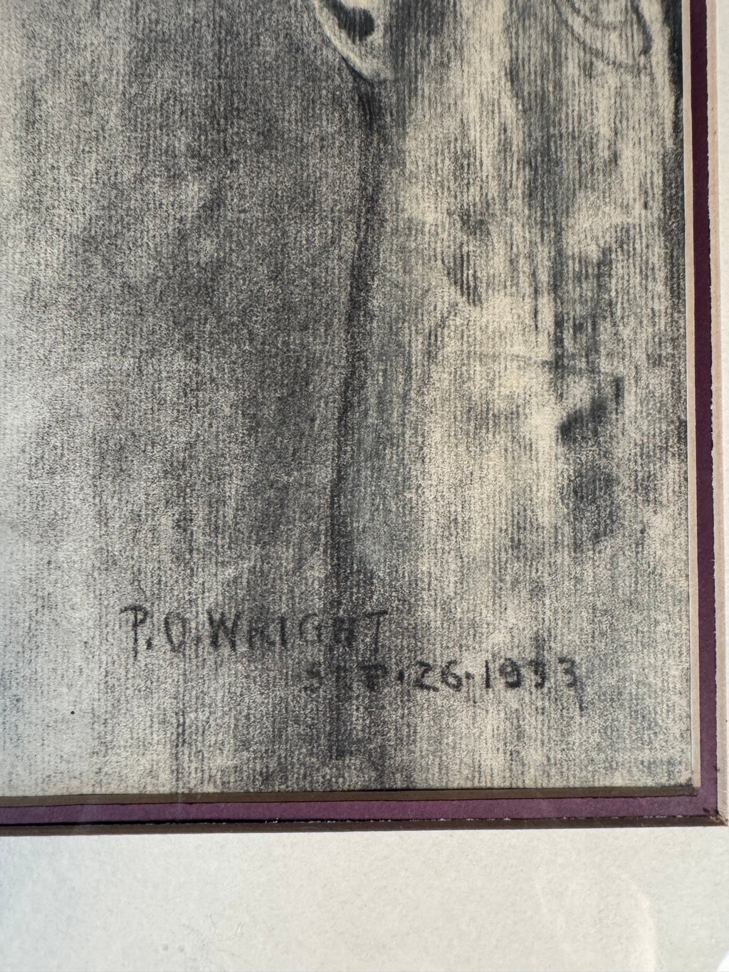 1933 Charcoal Pastel Portrait Woman in Lace Mantilla, Signed P.O. Wright, Framed