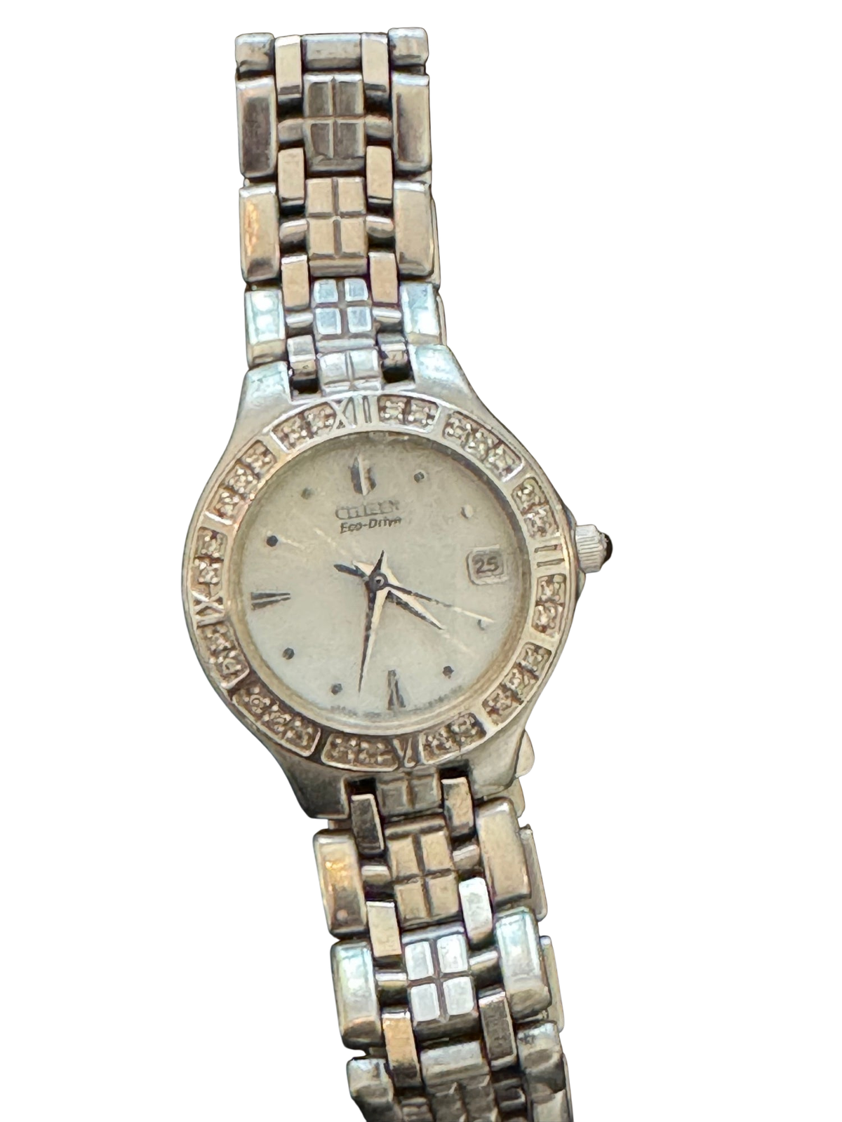 Citizen Eco-Drive E011 Ladies Watch 26mm MOP Dial Crystal Bezel Steel Very Good