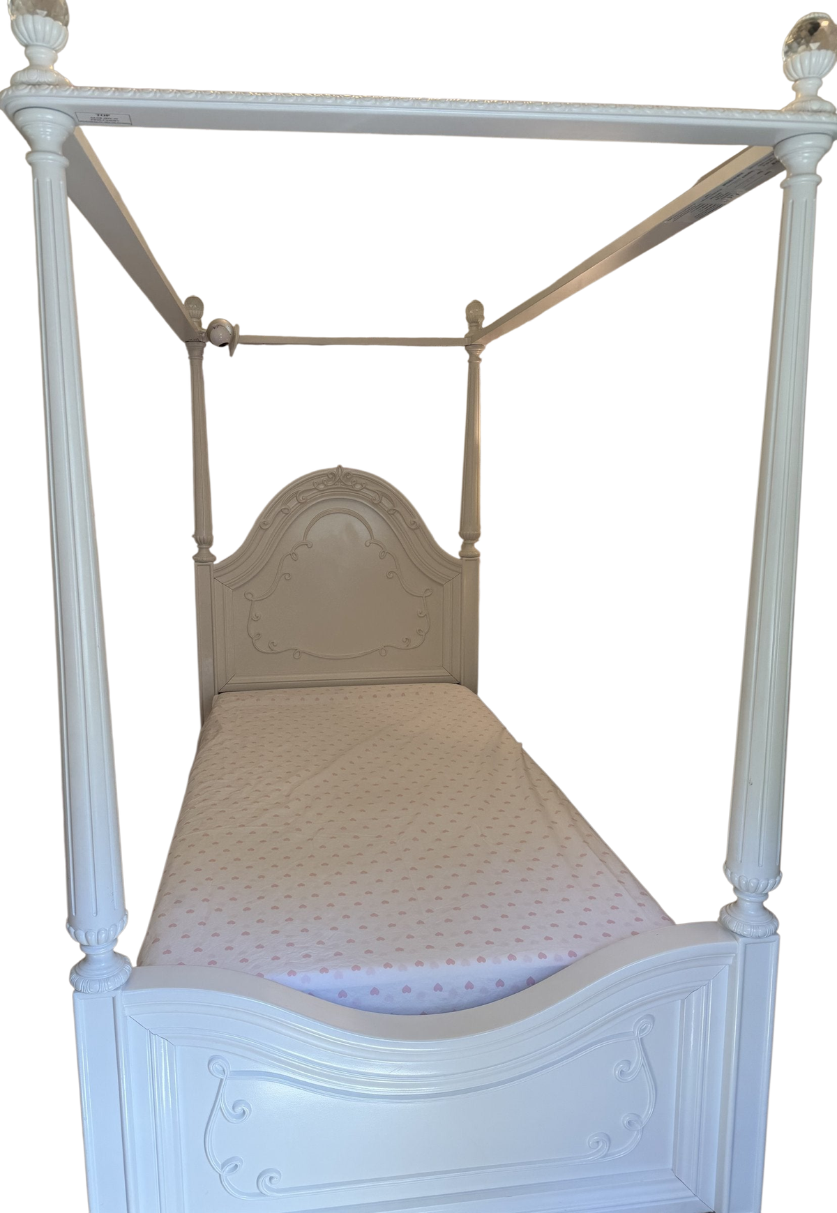 Sparkle White twin canopy bed, front view