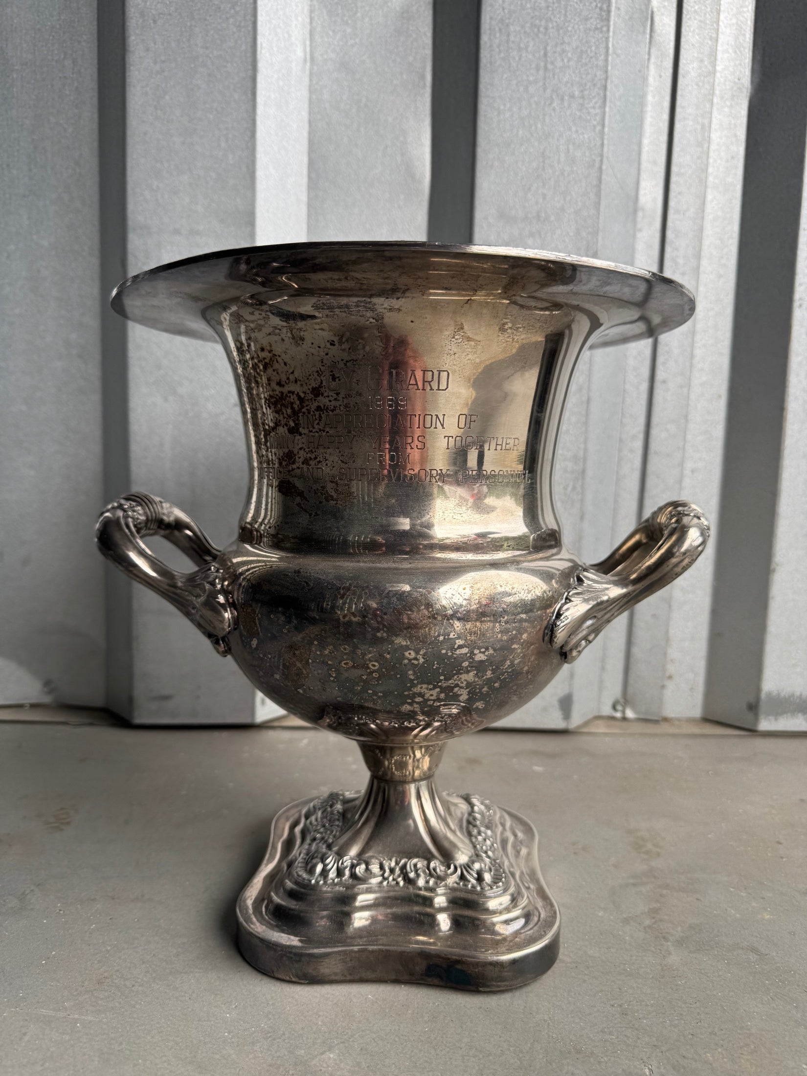 Silver Plate Two Handled Presentation Trophy Cup Engraved Vintage Good