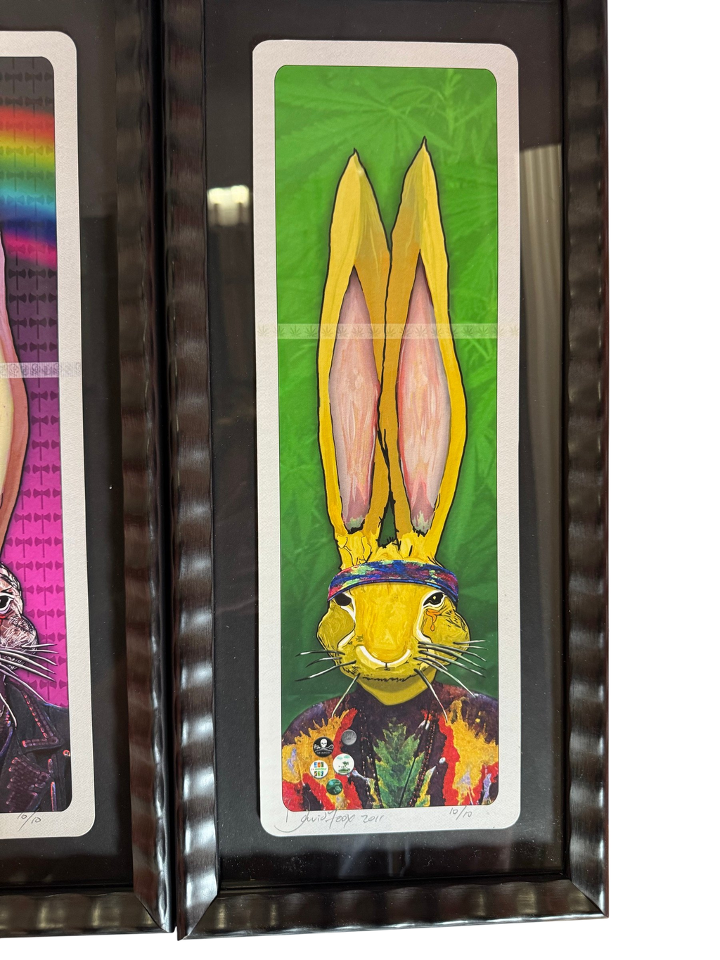 Yellow rabbit portrait print in dark wavy frame