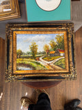 Vintage Oil Painting Country Cottage Path Landscape Ornate Gilt Frame 28in Good