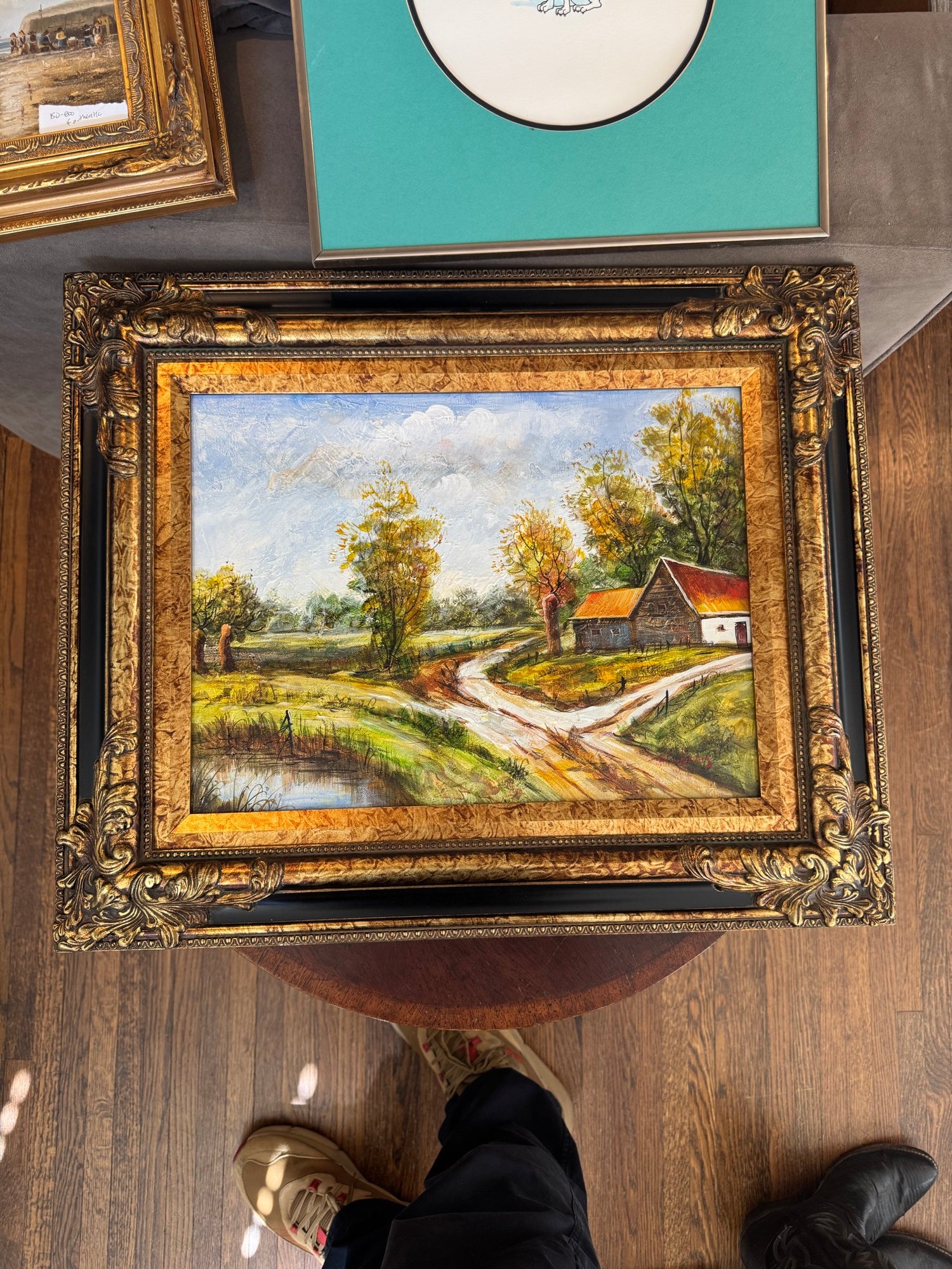 Vintage Oil Painting Country Cottage Path Landscape Ornate Gilt Frame 28in Good