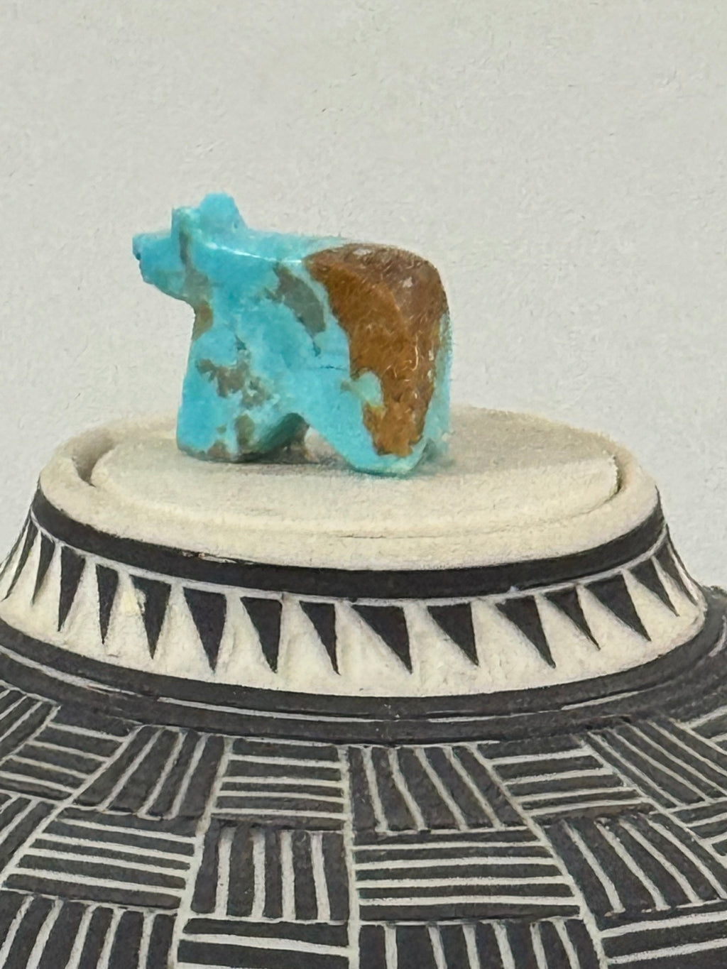 Acoma Pueblo Seed Pot Fine Line Black on White Turquoise Bird Fetish Signed