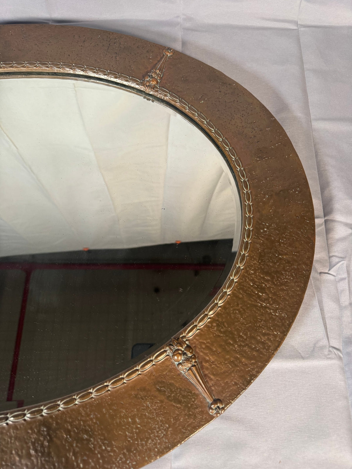 Oval Wall Mirror Arts and Crafts Style Hammered Metal Frame with Strapwork