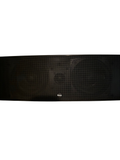Black Boston Acoustics center channel speaker with mesh grille on a white shelf