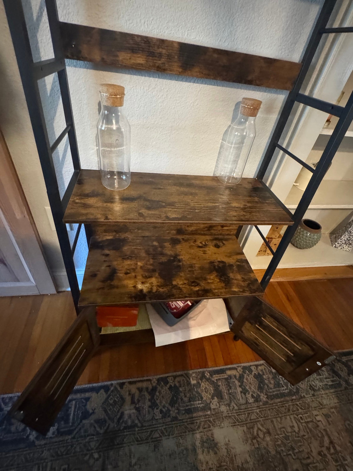 Close view of the shelves and lower drawers