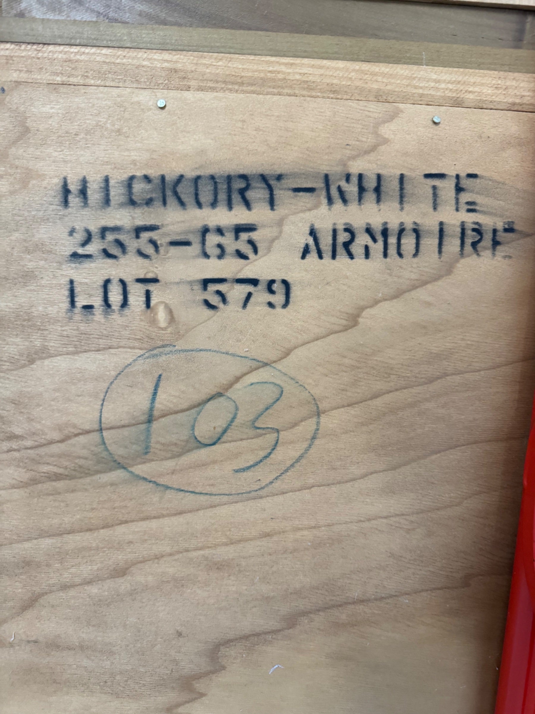Interior back panel labeled 'HICKORY-WHITE 255-65 ARMOIRE LOT 579' with circled number 102