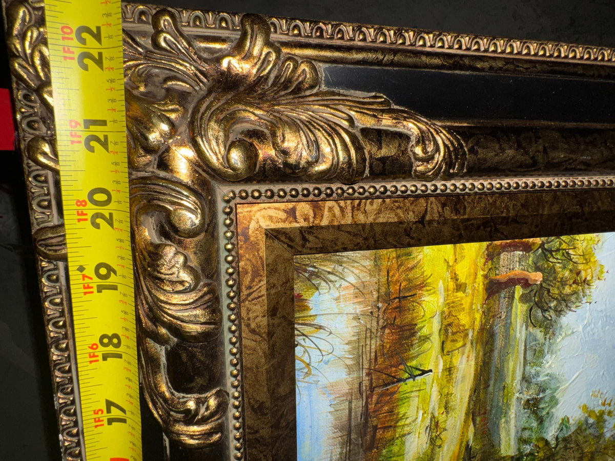 Original Oil on Canvas Painting Autumn Landscape with Barn Ornate Gilt Frame