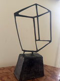 Brutalist Welded Steel Sculpture Abstract Cube and Block on Pedestal Signed No