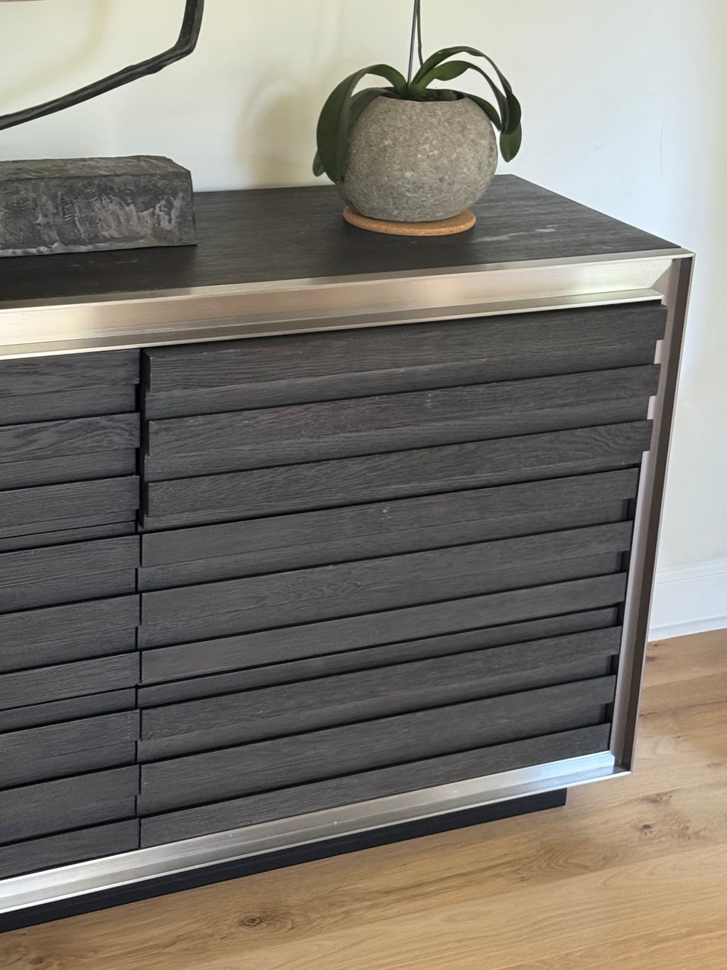 Modern Slatted Wood Coffee Table Charcoal Finish Brushed Metal Frame Contemporary
