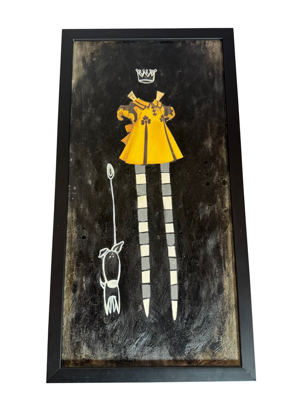 Painting of a yellow dress on striped stilts with a small dog, straight-on