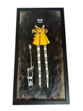 Painting of a yellow dress on striped stilts with a small dog, straight-on