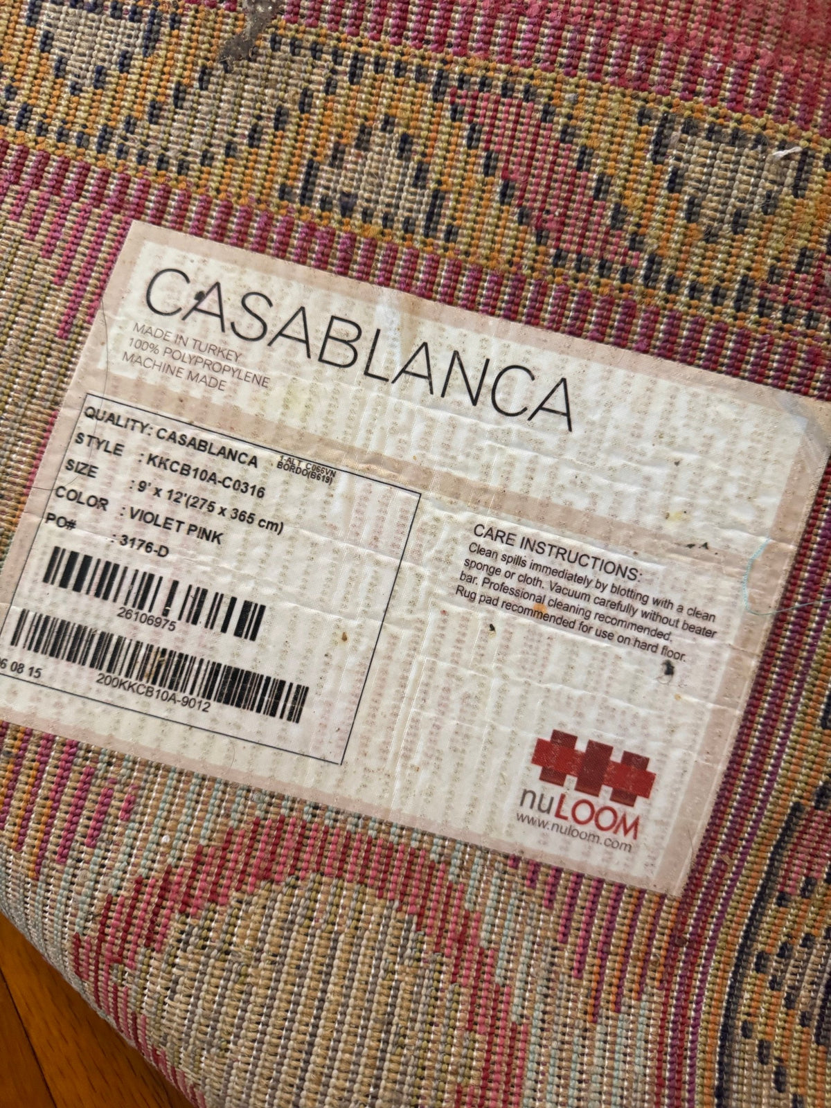 nuLOOM Casablanca label on the back of the rug