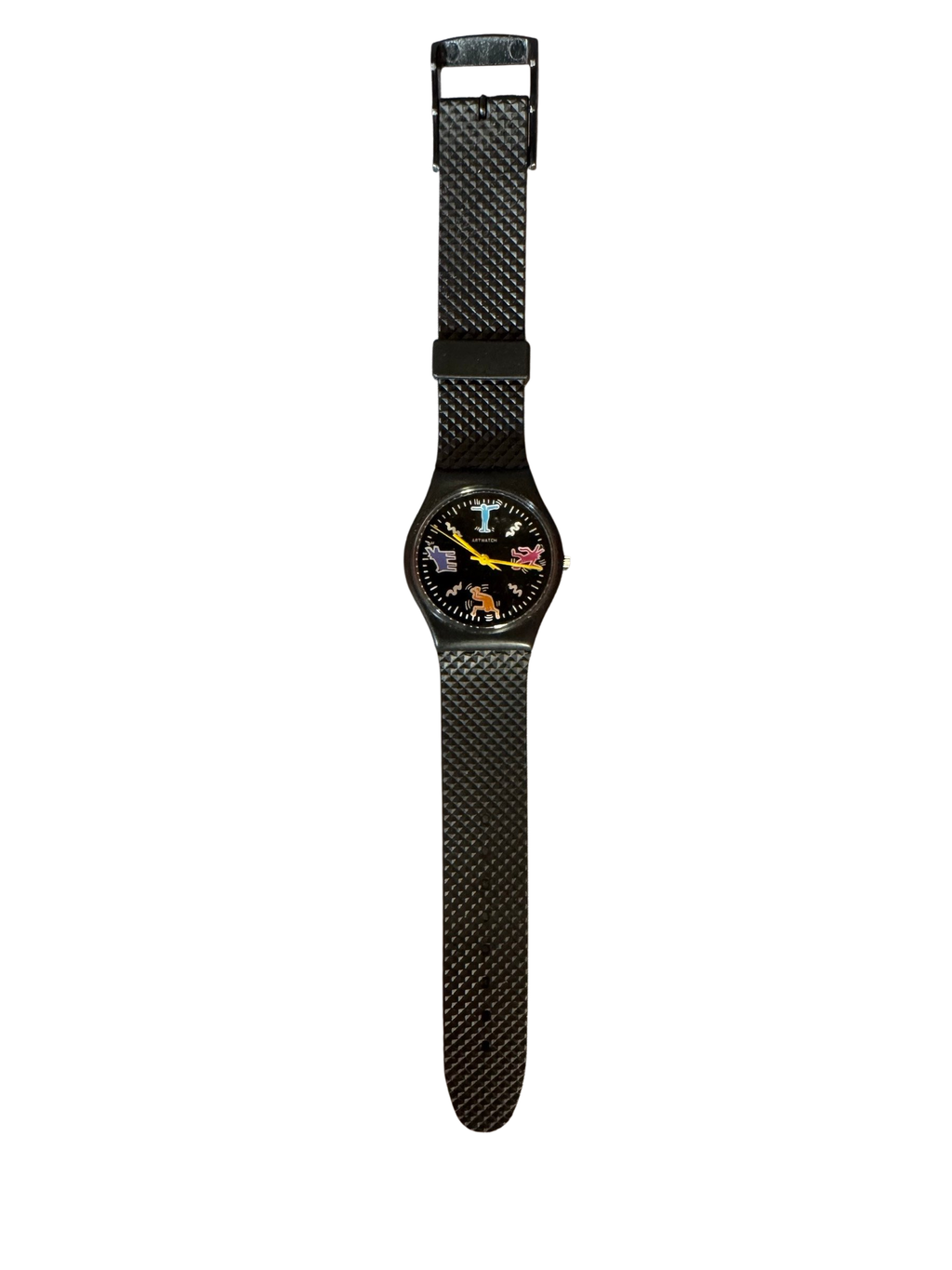 Haring ARTWATCH black watch with colored figures laid flat, face up