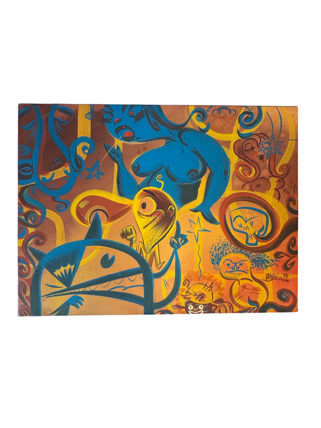 Orange and blue creature painting on stretched canvas, straight-on