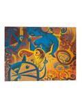 Orange and blue creature painting on stretched canvas, straight-on