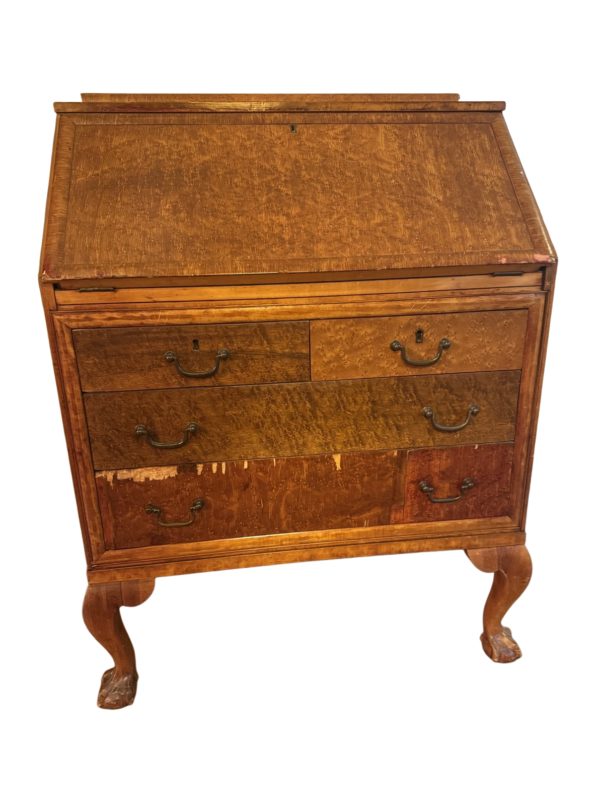 Birdseye maple slant-front desk seen from the front on cabriole legs