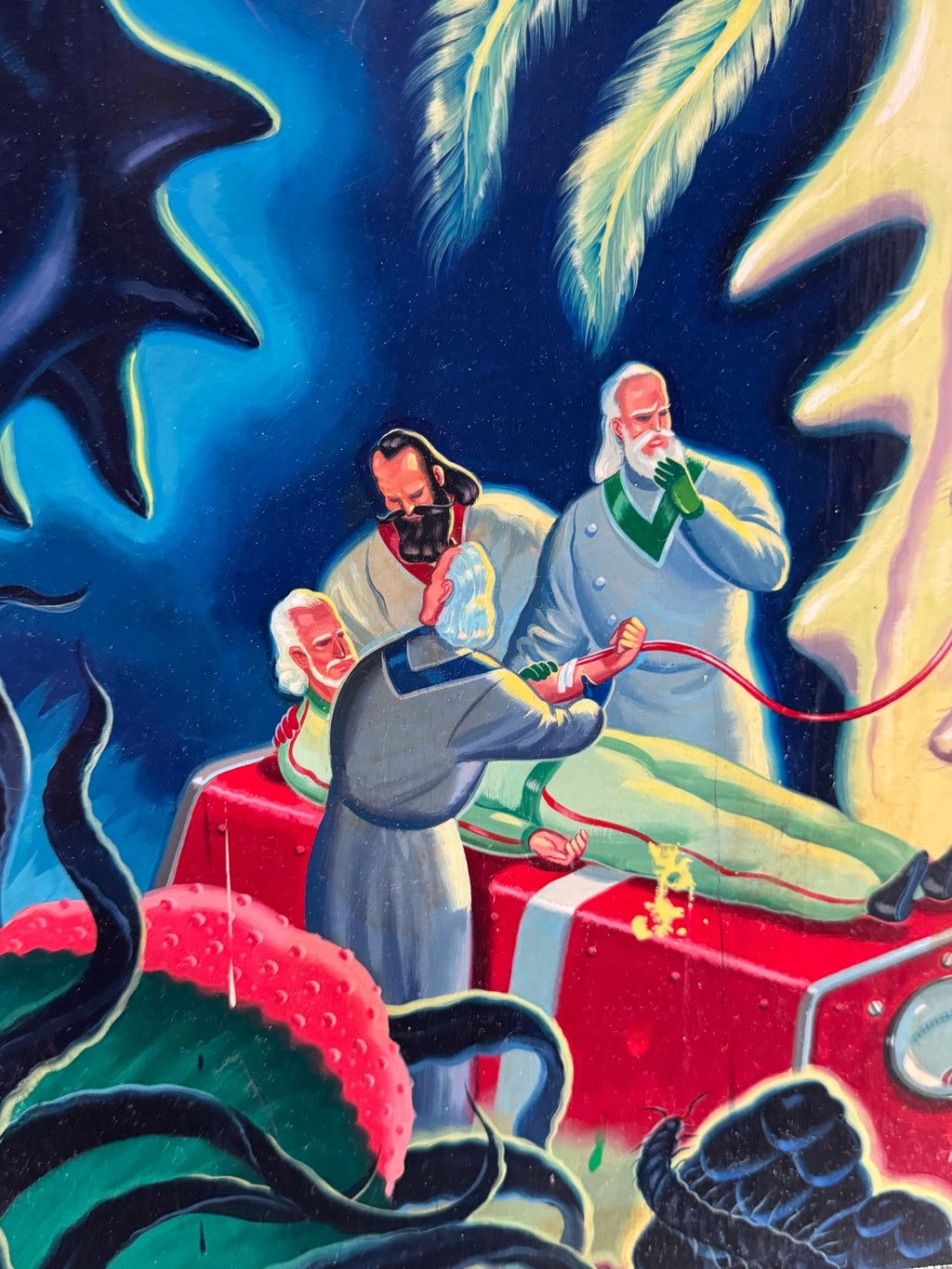 Close view of the figures in pale suits