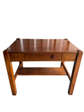 Mission Oak side table, front three-quarter view showing rectangular top, single drawer, lower shelf, and four square legs