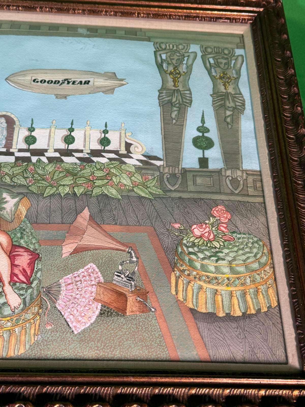 Unsigned Art Deco Watercolour Painting Terrace Scene Nude Goodyear Blimp