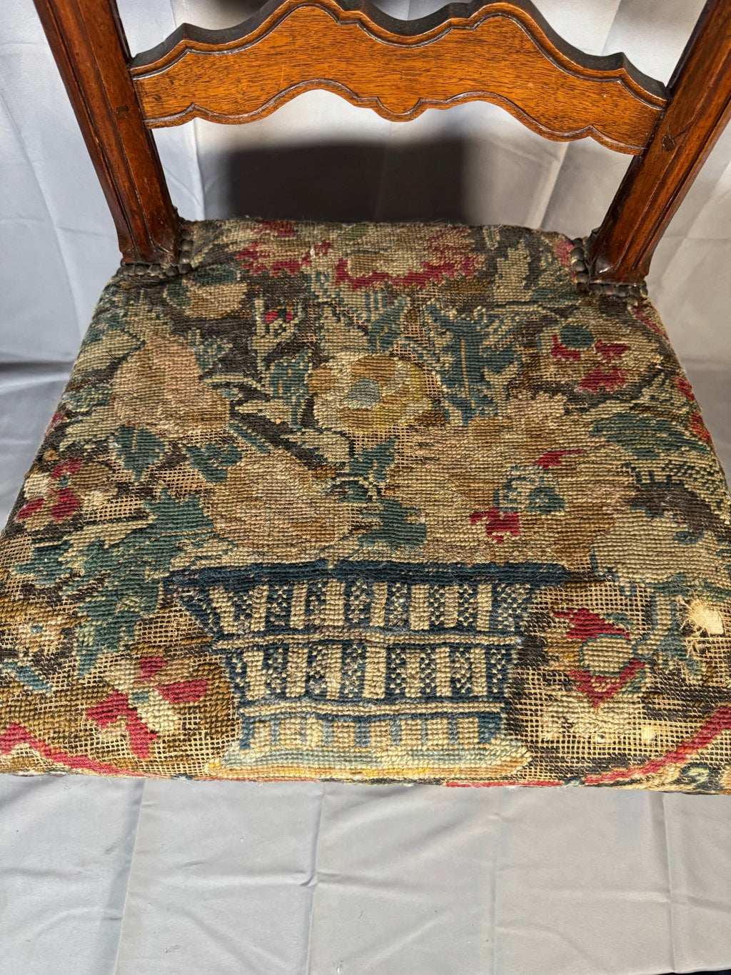 French Carved Walnut Ladderback Side Chair, Antique Needlepoint Seat