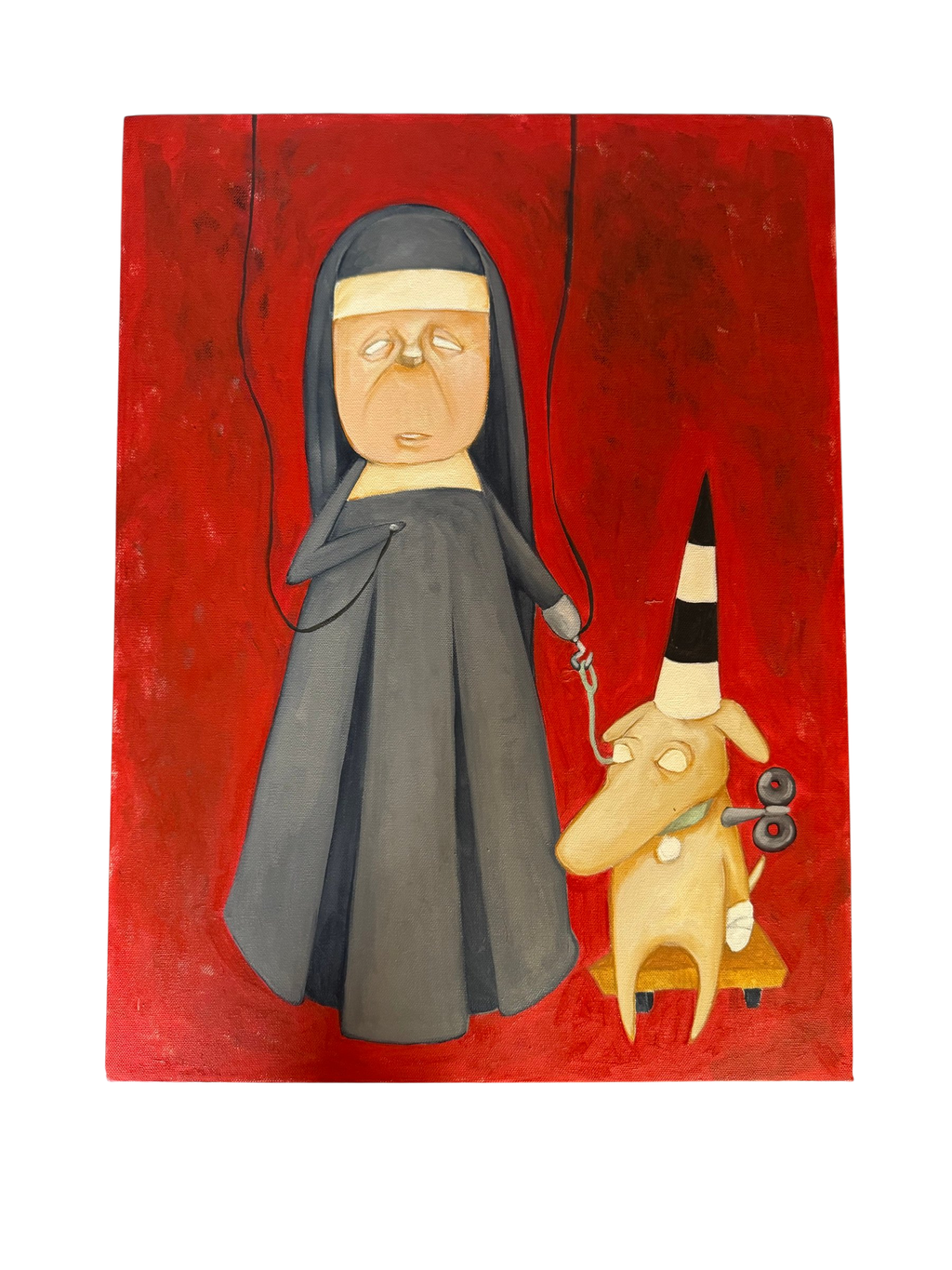 Nun leading a wind-up dog on a red ground, front, straight-on