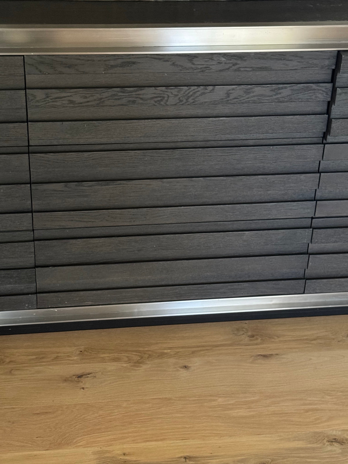 Modern Slatted Wood Coffee Table Charcoal Finish Brushed Metal Frame Contemporary