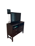 Espresso finish media console with four drawers and open shelving, topped with a Vizio flat-screen TV, in a bedroom corner.