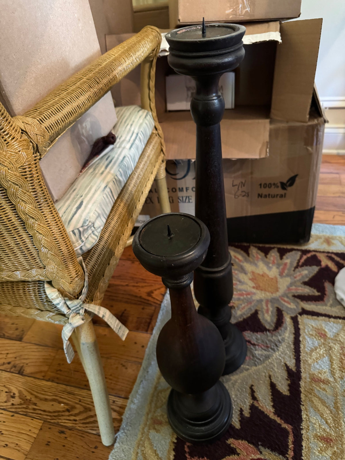 Turned Wood Pricket Candlesticks Pair Ebonized Dark Walnut 24in 17in Very Good