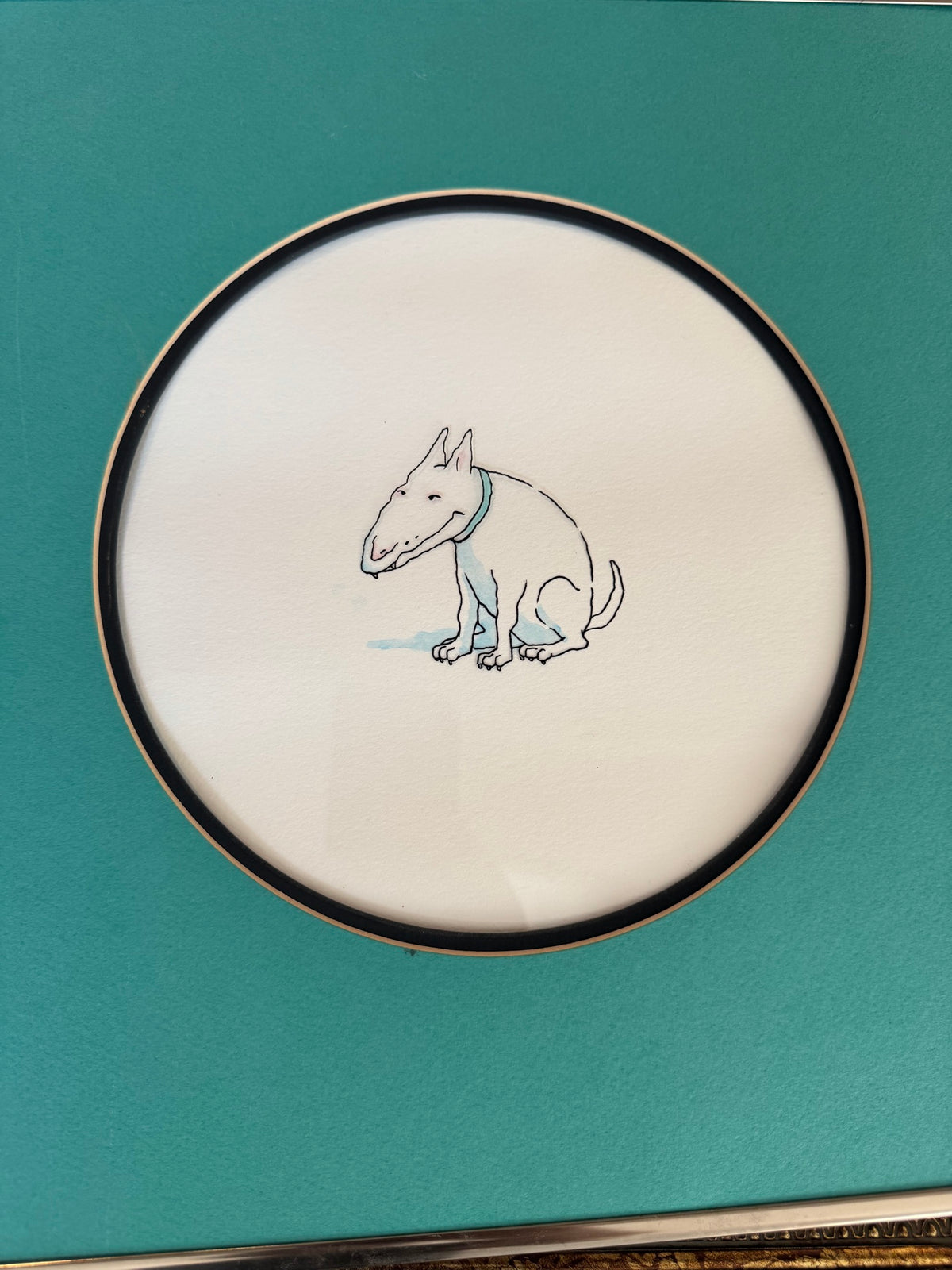 Circular framed animation cel featuring line-drawn dog with blue collar on cream background, black frame border