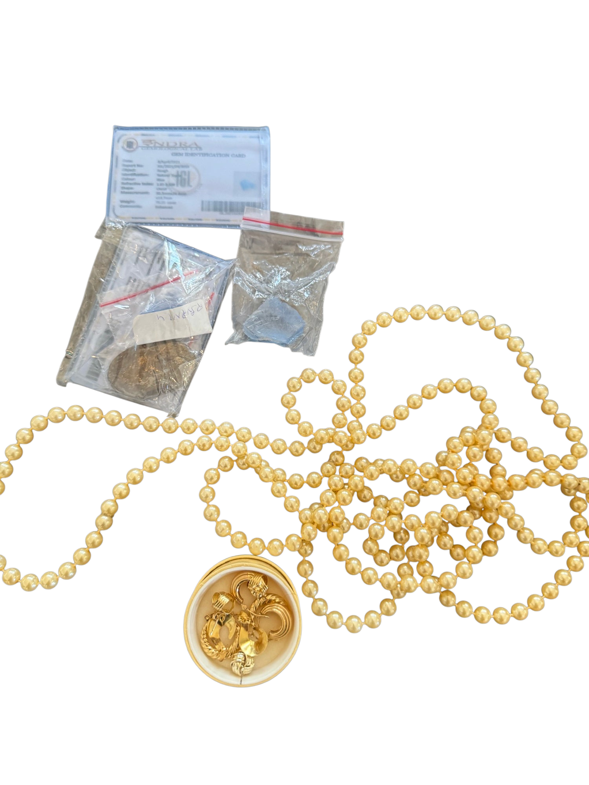 Vintage Faux Pearl Strand Necklace Lot Gold Tone Earrings Rough Gems Good Cond