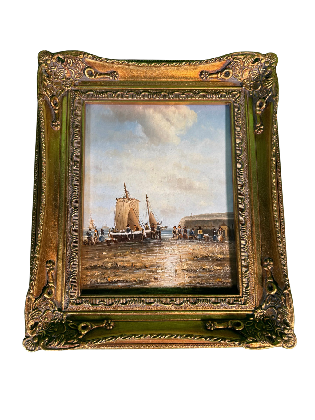 Original Oil Painting Fishing Boat Beached at Low Tide Marine Ornate Gilt Frame