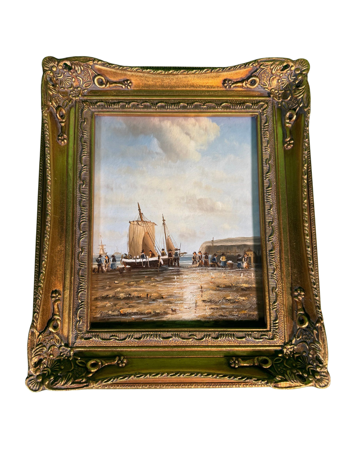 Original Oil Painting Fishing Boat Beached at Low Tide Marine Ornate Gilt Frame
