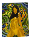 Woman on a swirling green and yellow ground, painting on canvas, straight-on