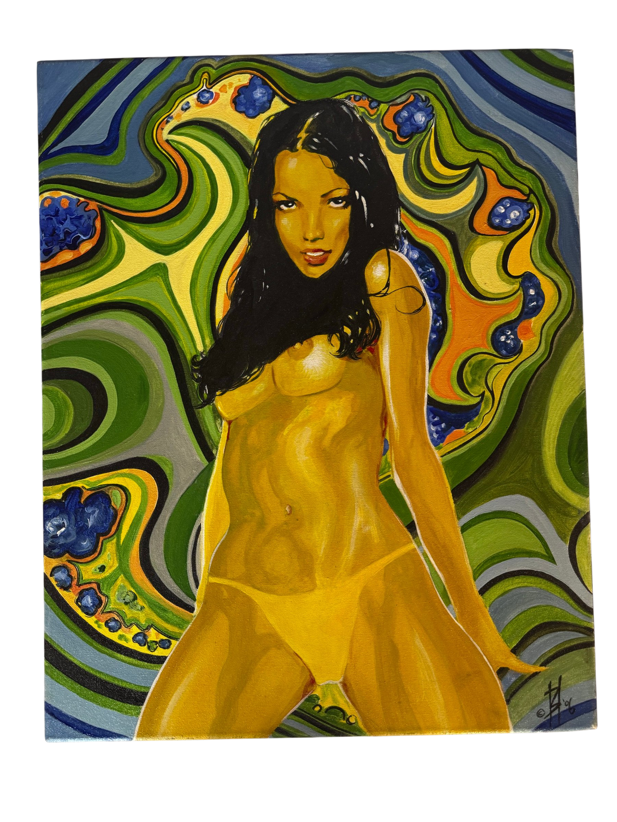 Woman on a swirling green and yellow ground, painting on canvas, straight-on