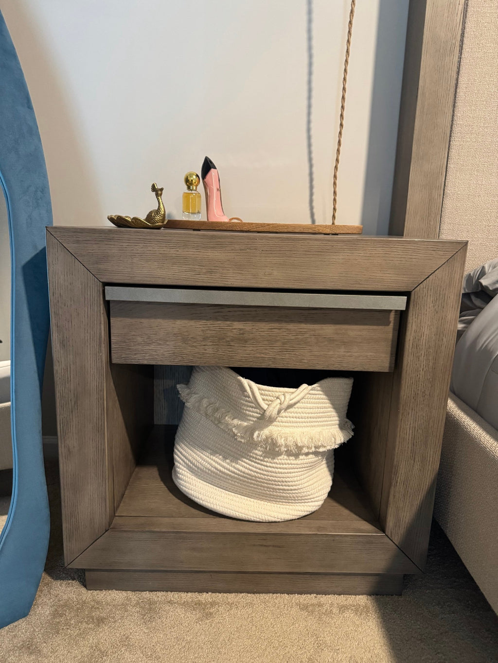 Gray oak nightstand with one drawer and an open shelf