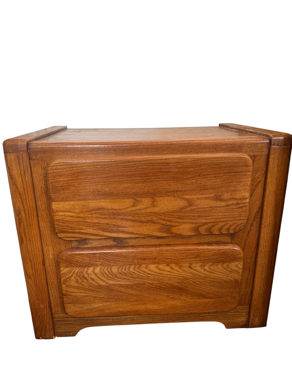 Oak two-drawer nightstand seen from the front
