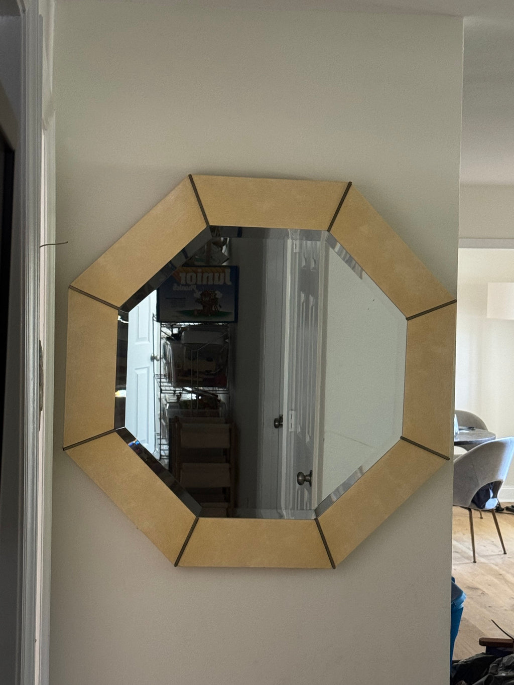 Karl Springer Octagonal Mirror Lacquered Goatskin Brass Inlay Vintage Excellent