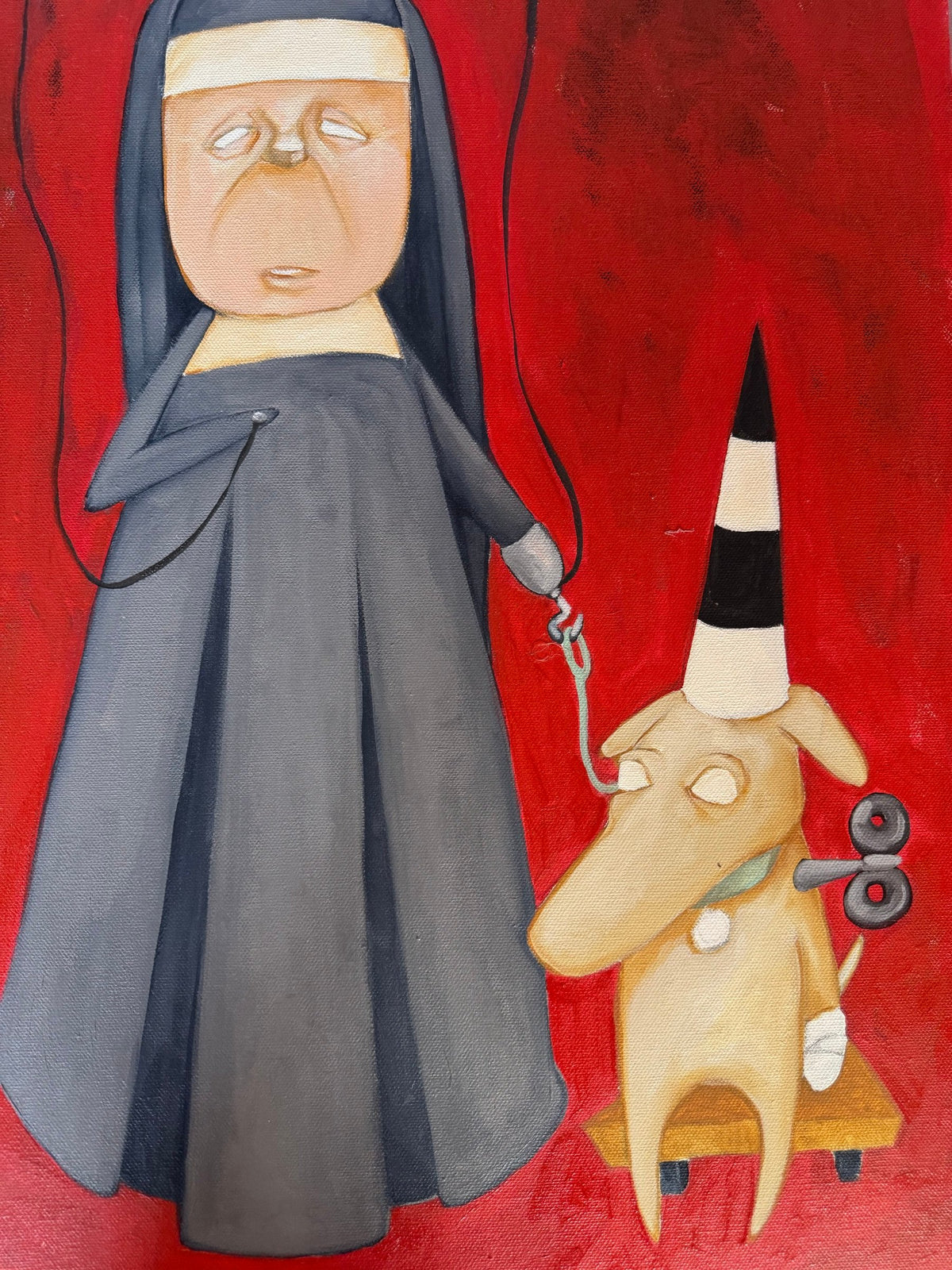 Close view of the nun and the wind-up dog