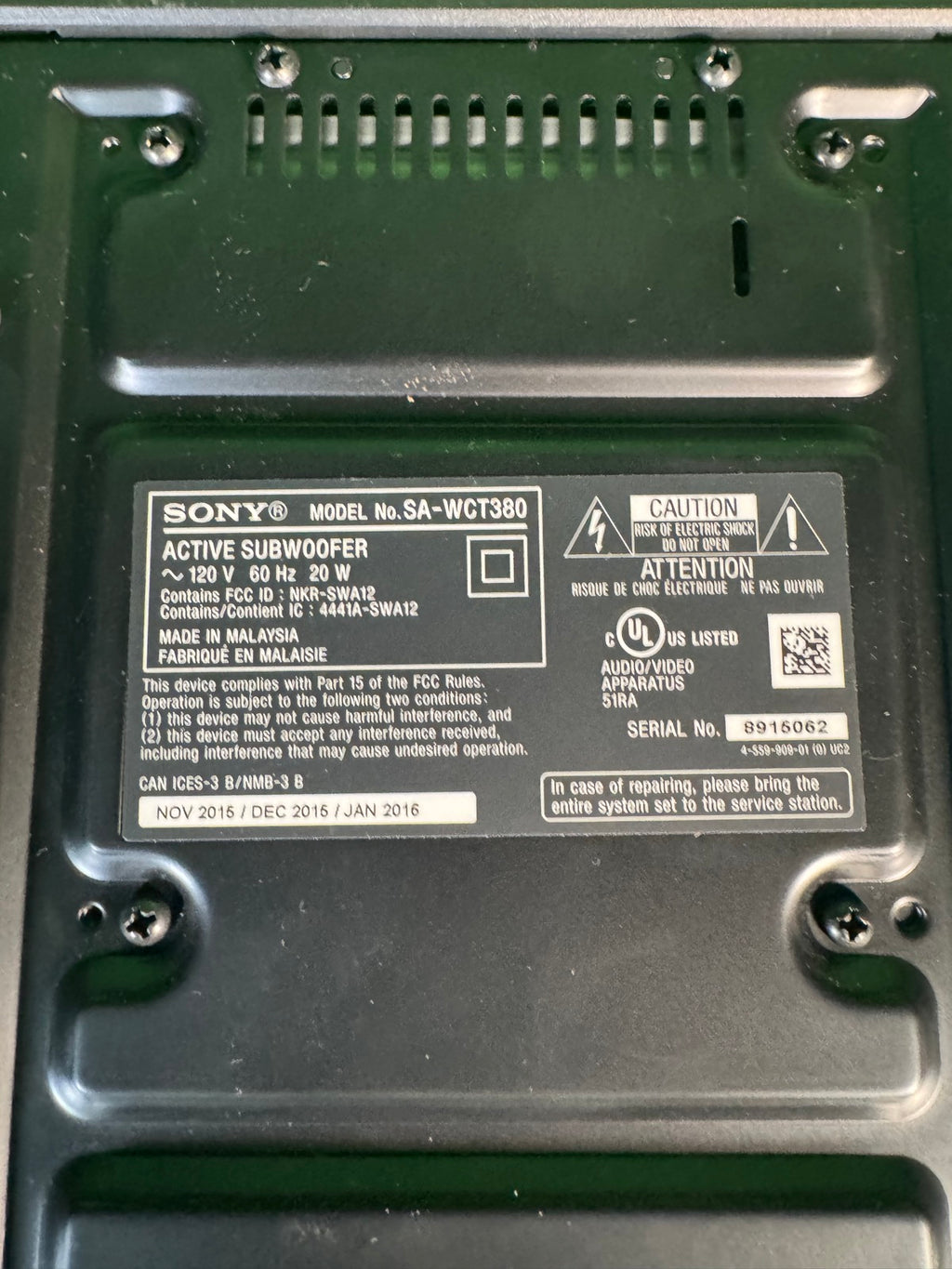 Sony SA-WCT380 Wireless Active Subwoofer Black HT-CT380 Sub