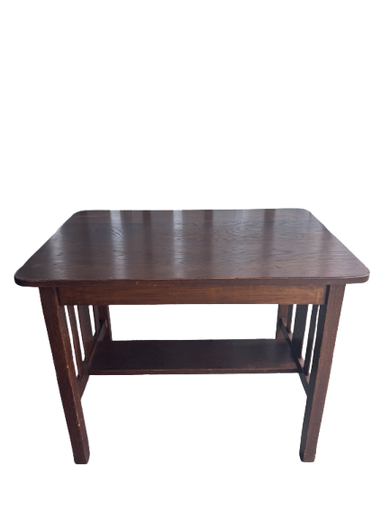 Quartersawn oak library table with shelf, mission style, dark finish, full front view showing vertical slats