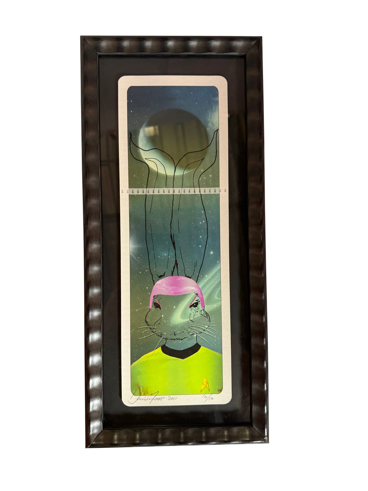 Blue rabbit portrait print in dark wavy frame