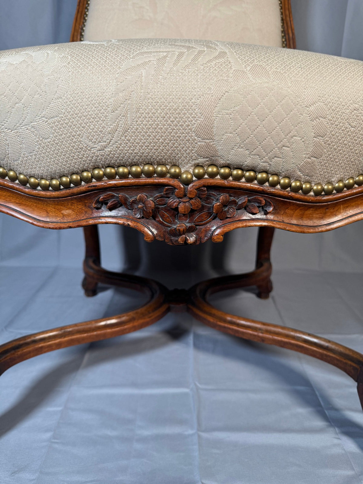 Louis XV Style Carved Walnut Side Chair, Cream Damask