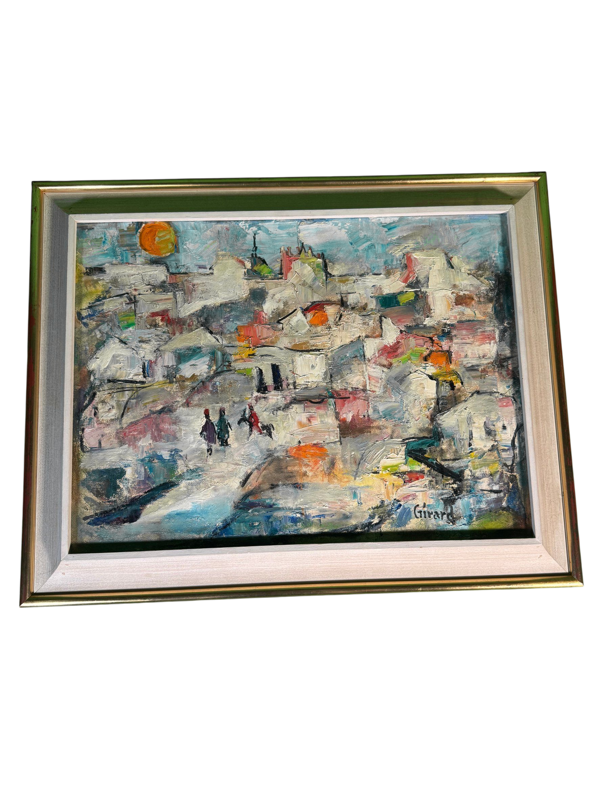 Heavy Impasto Oil Painting Hill Village Signed Girard Framed Canvas Art
