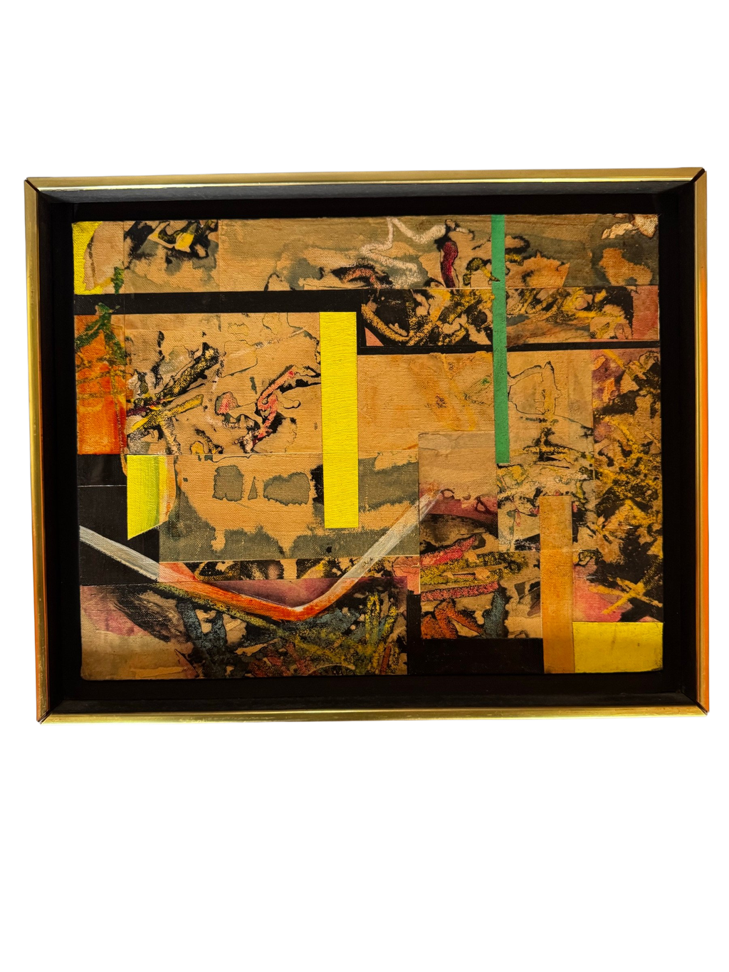 Framed abstract collage in a gold frame, straight-on